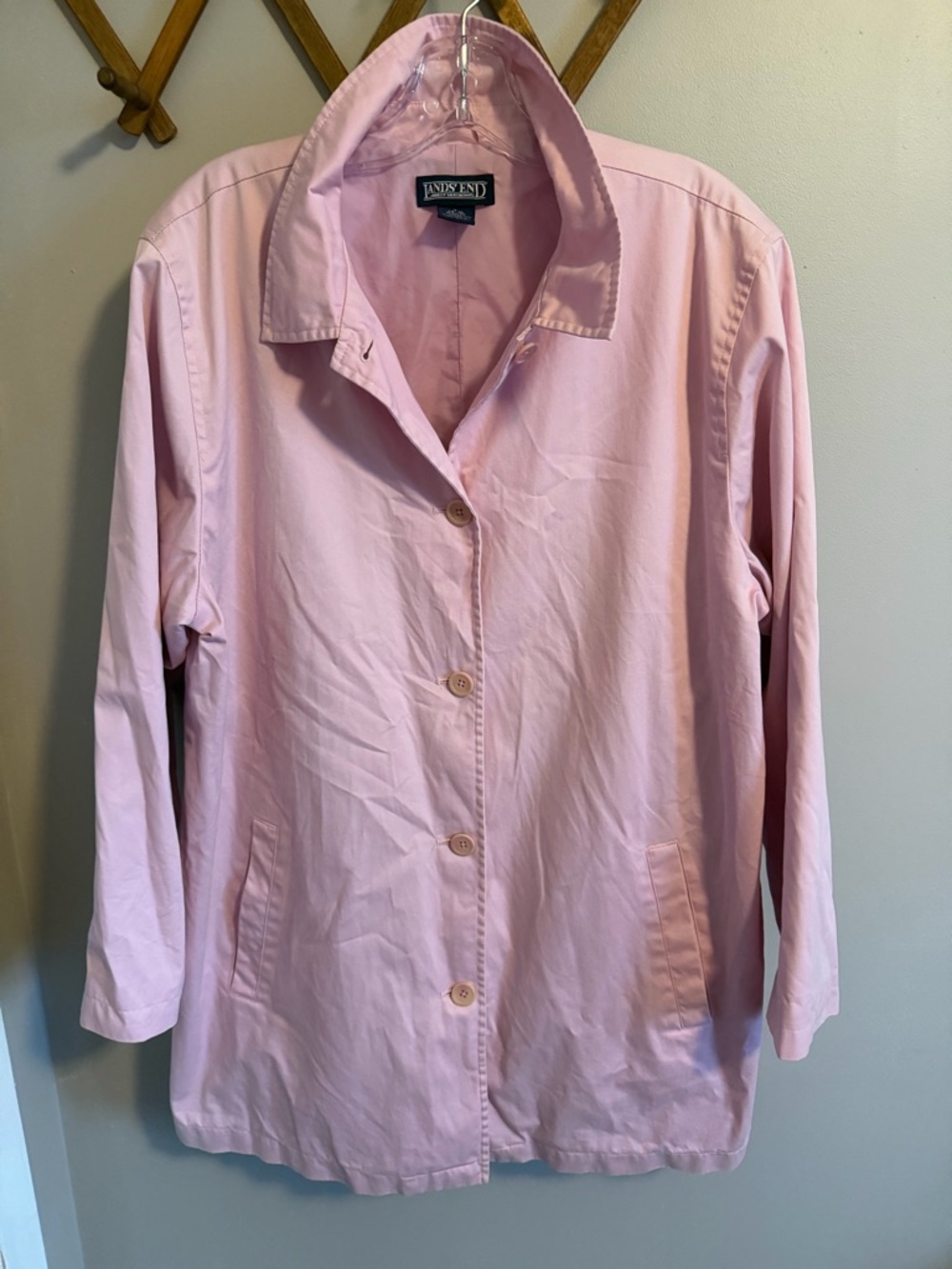 Lands' End Pink Button Front Car Coat Trench rain and wind resistant Size Large